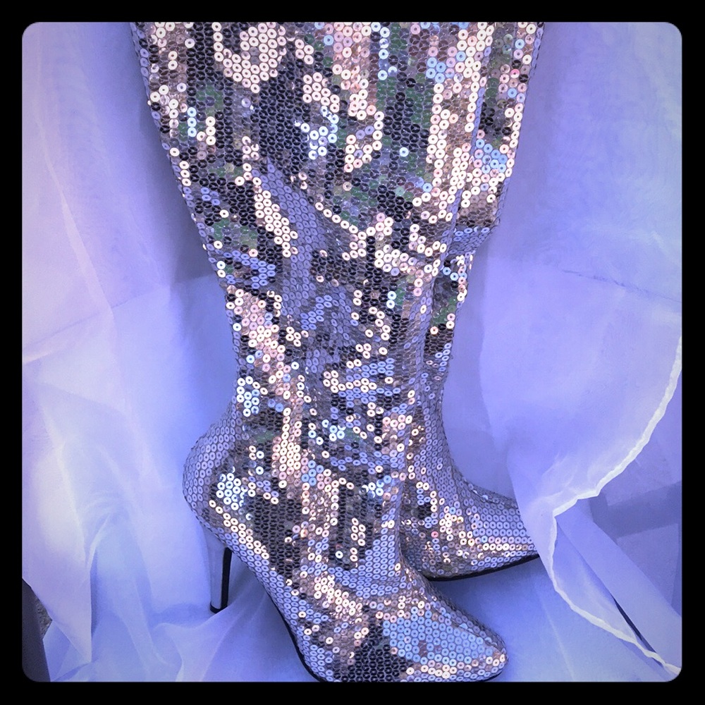 Knee high silver sequin go go boots